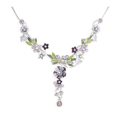 Purple Flower and Tiny Butterfly Necklace with Purple Austrian Element Crystals