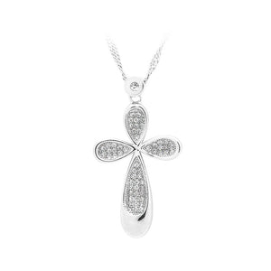 925 Sterling Silver Flower-shaped Cross Pendant with White Cubic Zircon and Necklace