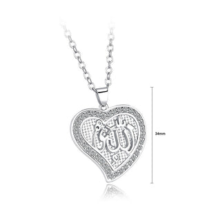 Islamic Heart Pendant with White Austrian Element Crystal and Necklace