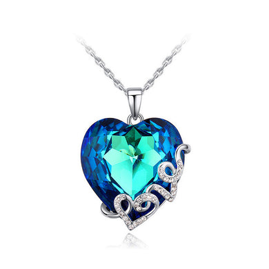 Valentine Heart-shaped Pendant with Blue Austrian Element Crystal and Necklace