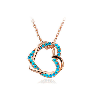Valentine's Day Double Heart Pendant with Blue Austrian Element Crystal and Necklace