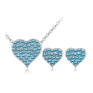 Valentine's Heart Necklace and Stud Earrings with Blue Austrian Element Crystal