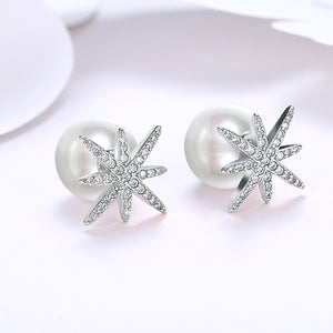 Elegant Snowflake Stud Earrings with Austrian Element Crystals and Fashion Pearl
