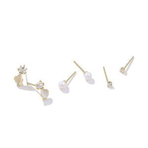925 Sterling Silver Plated Gold Simple Cute Cat Pearl Three-piece Stud Earrings