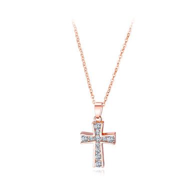Simple and Brilliant Plated Rose Gold Cross Pendant with Cubic Zircon and Necklace