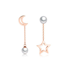 Load image into Gallery viewer, Fashion and Elegant Plated Rose Gold Star Moon Pearl Asymmetric Earrings - Glamorousky