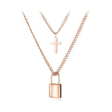 Load image into Gallery viewer, Fashion Simple Plated Rose Gold Concentric Lock Cross Titanium Steel Pendant with Double Necklace - Glamorousky