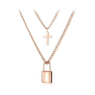 Fashion Simple Plated Rose Gold Concentric Lock Cross Titanium Steel Pendant with Double Necklace - Glamorousky