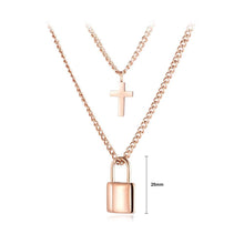 Load image into Gallery viewer, Fashion Simple Plated Rose Gold Concentric Lock Cross Titanium Steel Pendant with Double Necklace - Glamorousky