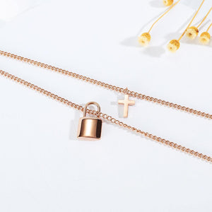 Fashion Simple Plated Rose Gold Concentric Lock Cross Titanium Steel Pendant with Double Necklace - Glamorousky