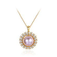 Load image into Gallery viewer, 925 Sterling Silver Plated Gold Fashion Elegant Sun Flower Purple Freshwater Pearl Pendant with Cubic Zirconia and Necklace