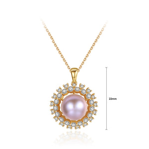 925 Sterling Silver Plated Gold Fashion Elegant Sun Flower Purple Freshwater Pearl Pendant with Cubic Zirconia and Necklace