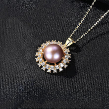 Load image into Gallery viewer, 925 Sterling Silver Plated Gold Fashion Elegant Sun Flower Purple Freshwater Pearl Pendant with Cubic Zirconia and Necklace