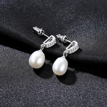 Load image into Gallery viewer, 925 Sterling Silver Classic Simple White Freshwater Pearl Earrings with Cubic Zirconia - Glamorousky