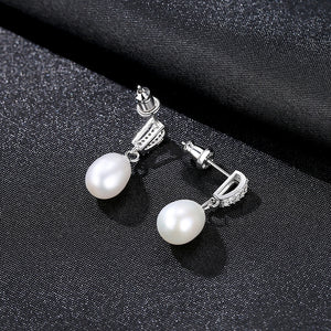 925 Sterling Silver Classic Simple White Freshwater Pearl Earrings with Cubic Zirconia