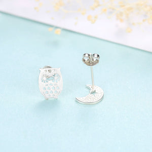 925 Sterling Silver Simple Creative Owl Moon Asymmetric Stud Earrings