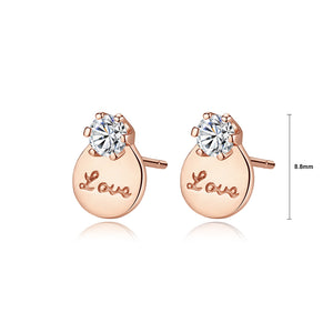 925 Sterling Silver Plated Rose Gold Simple Romantic LOVE Geometric Round Cubic Zirconia Stud Earrings
