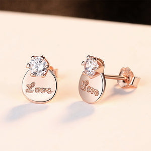 925 Sterling Silver Plated Rose Gold Simple Romantic LOVE Geometric Round Cubic Zirconia Stud Earrings