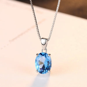 925 Sterling Silver Simple Fashion Geometric Oval Blue Topaz Pendant with Necklace