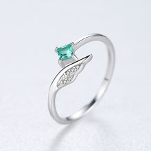 Load image into Gallery viewer, 925 Sterling Silver Simple and Elegant Angel Wings Adjustable Open Ring with Green Cubic Zirconia