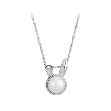 925 Sterling Silver Simple Cute Rabbit Freshwater Pearl Pendant with Necklace