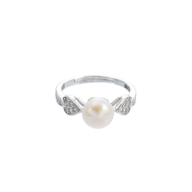 925 Sterling Silver Simple Sweet Heart White Freshwater Pearl Adjustable Ring with Cubic Zirconia