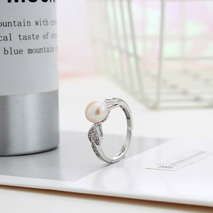 925 Sterling Silver Simple Sweet Heart White Freshwater Pearl Adjustable Ring with Cubic Zirconia