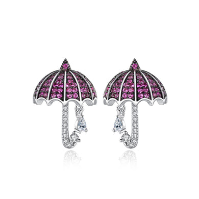 Fashion Creative Umbrella Stud Earrings with Rose Red Cubic Zirconia