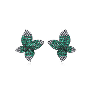 Fashion Bright Plated Black Flower Green Cubic Zirconia Stud Earrings