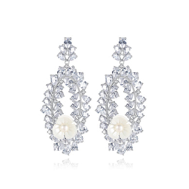 Elegant and Bright Geometric Flower Imitation Pearl Long Earrings with Cubic Zirconia