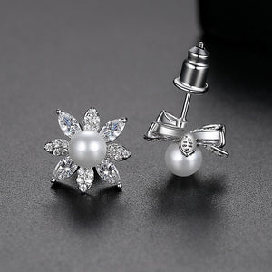 Fashion and Elegant Flower Imitation Pearl Stud Earrings with Cubic Zirconia