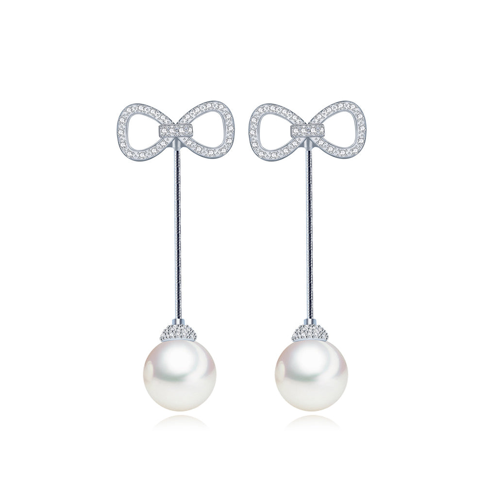 Fashion Simple Ribbon Tassel Imitation Pearl Earrings with Cubic Zirconia