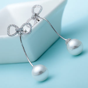 Fashion Simple Ribbon Tassel Imitation Pearl Earrings with Cubic Zirconia