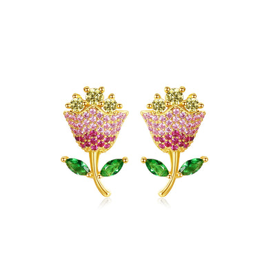 Fashion and Elegant Plated Gold Flower Stud Earrings with Colorful Cubic Zirconia