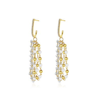 Elegant and Fashion Plated Gold Geometric Beaded Tassel Earrings with Cubic Zirconia