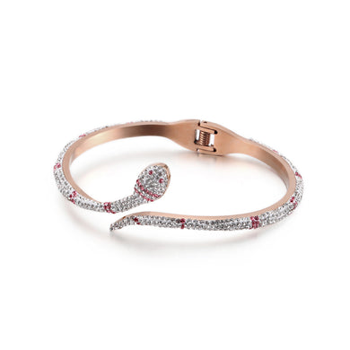 Fashion Personality Plated Rose Gold Snake-shaped 316L Stainless Steel Bangle with Red Cubic Zirconia