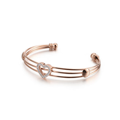 Simple and Fashion Plated Rose Gold Hollow Heart-shaped 316L Stainless Steel Bangle with Cubic Zirconia
