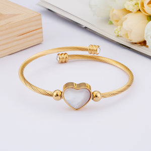 Simple and Fashion Plated Gold Heart-shaped Shell 316L Stainless Steel Bangle with Cubic Zirconia