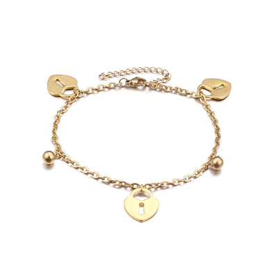 Fashion and Simple Plated Gold Heart-shaped Lock Round Bead 316L Stainless Steel Anklet