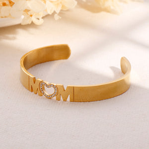 Fashion and Elegant Plated Gold Heart-shaped Mom 316L Stainless Steel Bangle with Cubic Zirconia