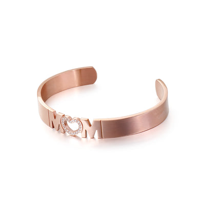 Fashion and Elegant Plated Rose Gold Heart-shaped Mom 316L Stainless Steel Bangle with Cubic Zirconia