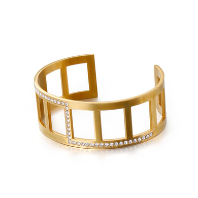 Fashion Personality Plated Gold Hollow Geometric 316L Stainless Steel Bangle with Cubic Zirconia