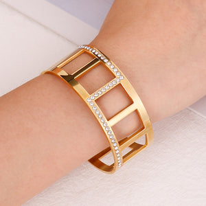 Fashion Personality Plated Gold Hollow Geometric 316L Stainless Steel Bangle with Cubic Zirconia