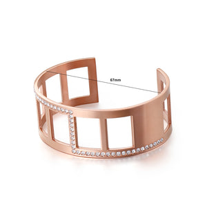 Fashion Personality Plated Rose Gold Hollow Geometric 316L Stainless Steel Bangle with Cubic Zirconia
