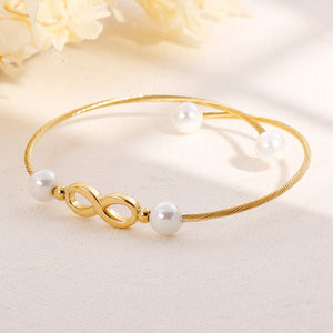Simple and Fashion Plated Gold Infinity Symbol 316L Stainless Steel Bangle with Imitation Pearls