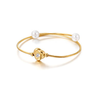 Simple and Romantic Plated Gold Rose 316L Stainless Steel Bangle with Cubic Zirconia and Imitation Pearls