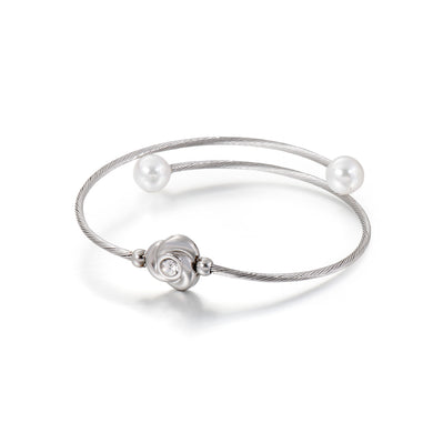 Simple and Romantic Rose 316L Stainless Steel Bangle with Cubic Zirconia and Imitation Pearls