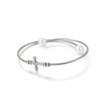 Fashion Classic Cross 316L Stainless Steel Bangle with Imitation Pearls