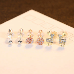 925 Sterling Silver Simple Cute Deer Snowflake Imitation Pearl Three-piece Stud Earrings with Cubic Zirconia