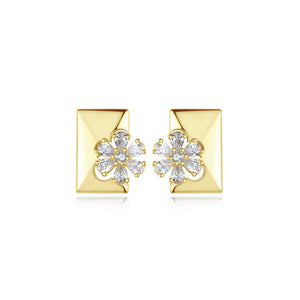 Fashion and Elegant Plated Gold Flower Geometric Rectangular Stud Earrings with Cubic Zirconia